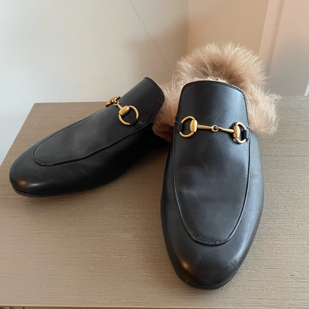 Gucci Black Leather Mules with Fur Trim